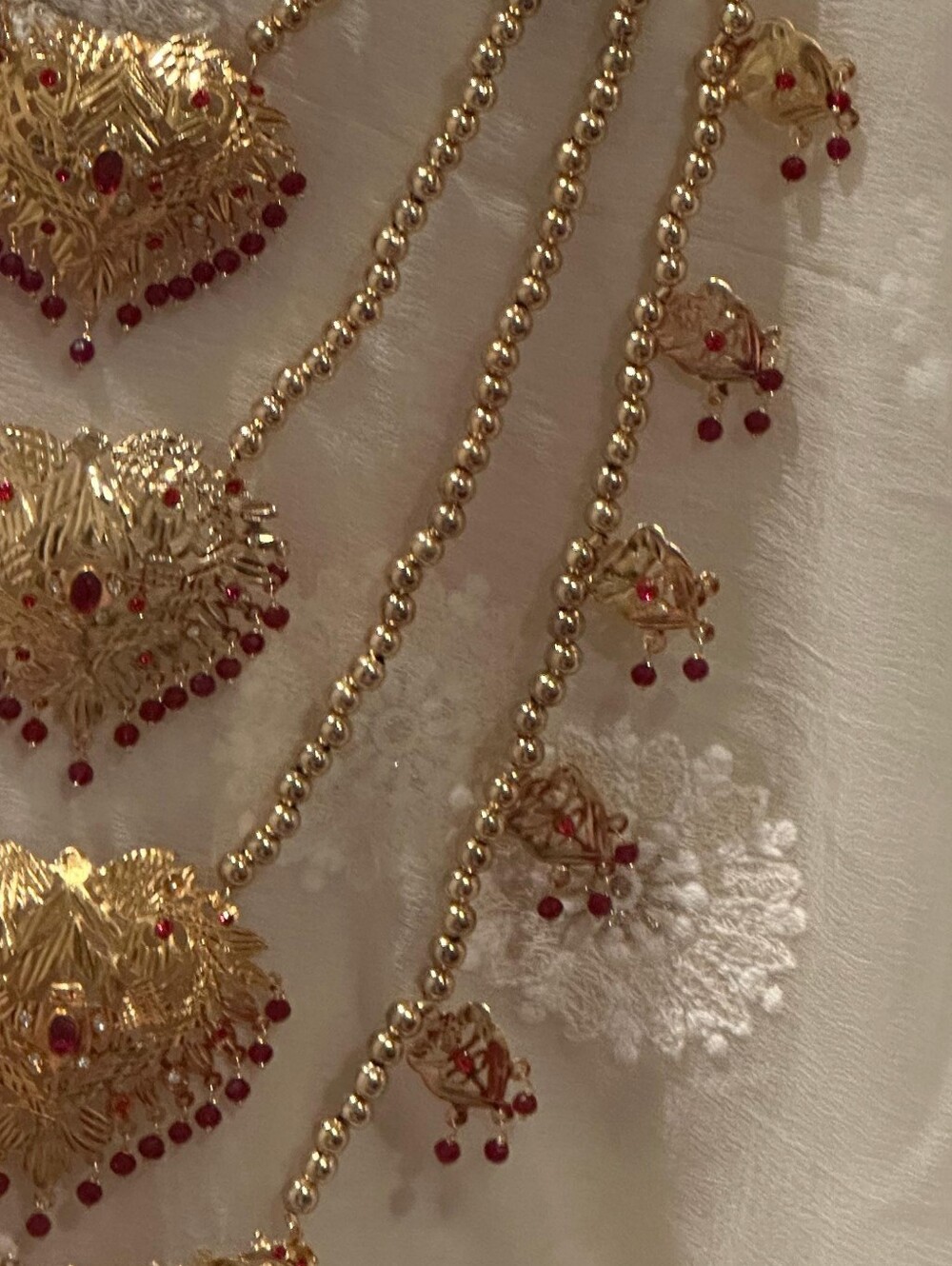 Traditional Gold-Tone Multi-Layer Necklace Set with Red Accents - Picture 7 of 16